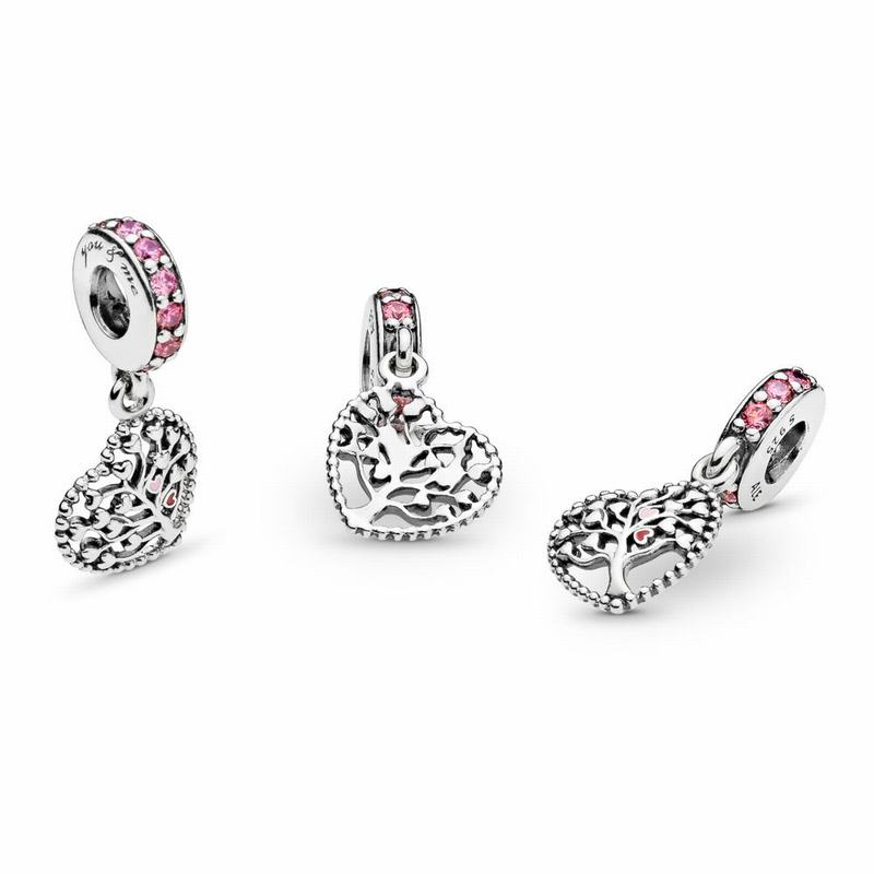 Pandora Pink Family Tree Dangle Charm - Sterling Silver/Enamel/Pink/Cubic Zirconia - Canada | XR6383